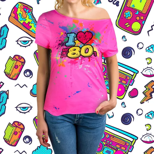 Vista 6 de Geyoga Traje de los años 80 para mujer, talla grande, disfraz de los años 80, con hombros descubiertos, camiseta de neón de gran tamaño, Rosa Rojo