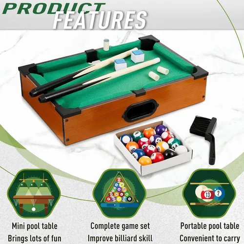 Vista 3 de Shappy Mini juego de mesa de billar Mesa de billar para gatos, juego de billar pequeño con 16 bolas, 2 palos de billar, 6 cubos de tiza, 6 puntas