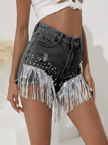 Vista 5 de LifeShe Pantalones cortos de mezclilla para mujer con cuentas de perlas de diamantes de imitación