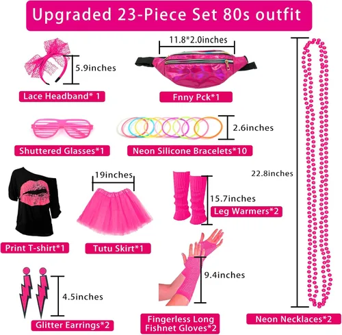 Vista 2 de Disfraz mejorado de los años 80 para mujer, conjunto de accesorios de disfraz de fiesta de los años 80 con camiseta, falda tutú, cintura, etc