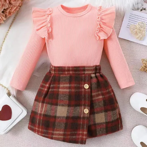 Vista 2 de Conjunto de suéter de punto de manga larga y falda plisada para bebé niña de 2t 3t 4t