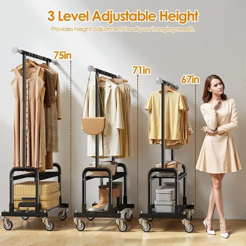 Vista 4 de Luxspire Perchero de ropa resistente, con carga de 600 libras, percheros con ruedas resistentes y estantes de 2 niveles, perchero ajustable