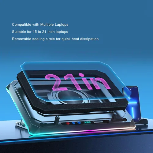 Vista 2 de Almohadilla de refrigeración para laptop, soporte enfriador para laptop RGB, enfriador de portátil para juegos con ventilador turbo de 5.5 in y 4