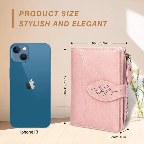 Vista 4 de CONISY Cartera pequeña para mujer, cartera compacta de cuero plegable con correa de muñeca con bloqueo RFID para mujer, Rosado, Moderno