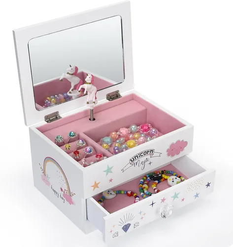 Vista 2 de Aliz - Joyero musical de unicornio para niñas, caja de madera con diseño de unicornio brillante, decoración encantadora de habitación y recuerdos