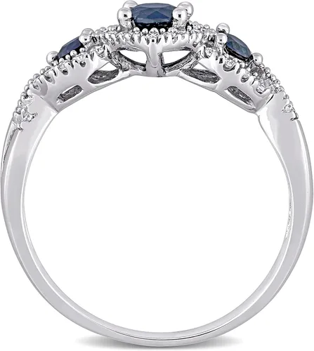 Vista 4 de Anillos de compromiso de oro blanco macizo de 10 quilates con zafiro azul de corte redondo para mujer, con engaste de garra de aniversario y boda