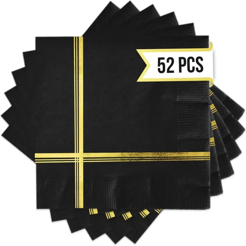 Vista 8 de Servilletas negras y doradas – Juego de 100 servilletas desechables de cóctel y postre de 5 x 5 pulgadas con borde dorado, perfectas para bodas