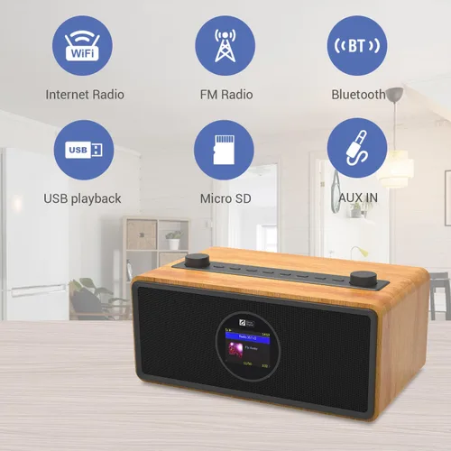 Vista 4 de Ocean Digital WR-860 FM Radio de Internet Wi-Fi con altavoces estéreo, reloj despertador, temporizador de sueño, salida de línea, entrada auxiliar