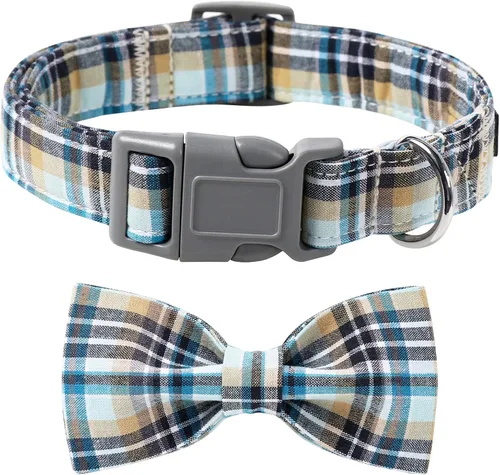 Vista 11 de Lionet Paws Collar para perro y gato con corbata de moño, hebilla de plástico ajustable, collar de cuadrícula para perros pequeños, medianos