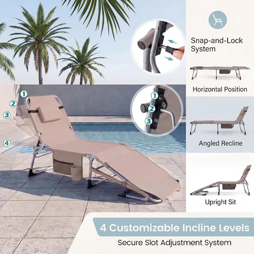 Vista 4 de Giantex Silla bronceadora, silla de playa de 330 libras con 5 posiciones ajustables, agujero para cara y brazo, correa para manos/hombros, almohada