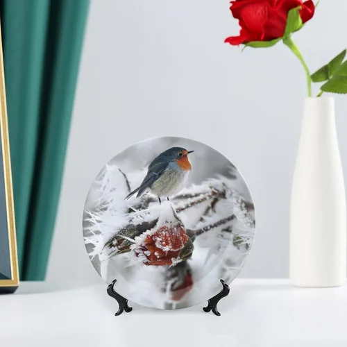 Vista 6 de Bird Robin Snow Hoarfrost - Plato decorativo para colgar decoración del hogar, decoración del hogar, recuerdo, arte de pared, platos de cerámica