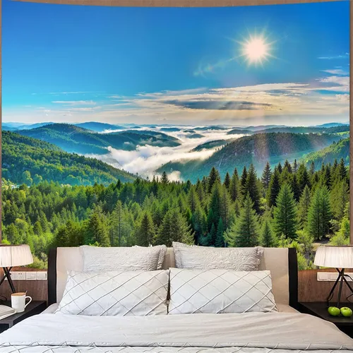 Vista 4 de Zussun Tapiz de Bosque Natural de Montaña Tapiz Verde de Pino Luz Solar Selva para Dormitorio Estético Planta Paisaje de Montaña Tapices Pequeños