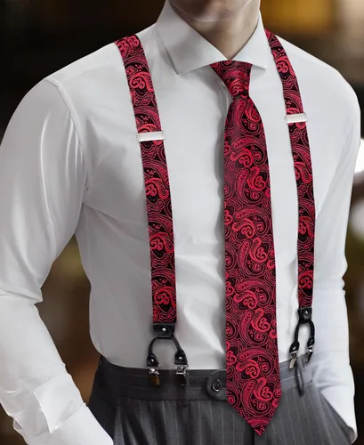 Vista 3 de YOHOWA Juego de tirantes para hombre, corbata de lazo, ajustable, pañuelo, gemelos, clip fuerte, banda elástica, boda, fiesta