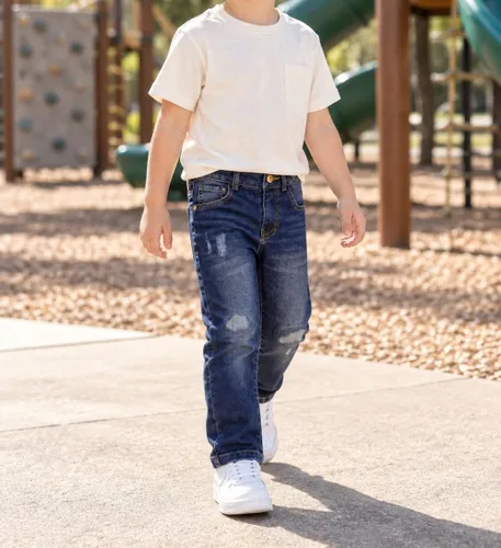 Vista 2 de KIDSCOOL SPACE Pantalones de mezclilla rasgados con banda elástica para niños pequeños Azul-2271