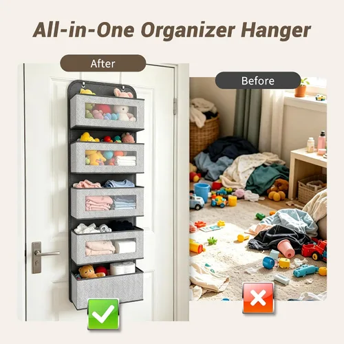 Vista 5 de Organizador estrecho sobre la puerta, 5 bolsillos grandes, almacenamiento de tela, 12 pulgadas de ancho With Metal Hooks, Clear Window for quick