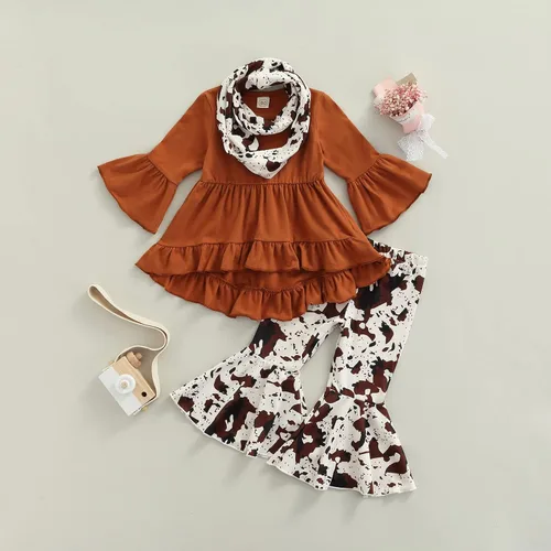 Vista 30 de Kaipiclos Ropa occidental para bebé niña, con lindo estampado con volantes, manga larga, pantalones para otoño e invierno, trajes de vaquera