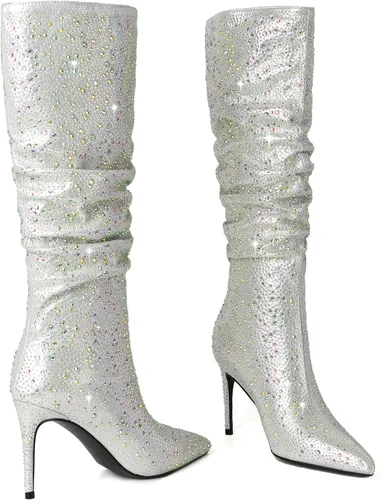 Vista 5 de Zamikoo Slouchy High Heel Boots for Women, Knee High Stiletto Heel Boots, Pointed Toe Slouch Stretch Tall Boots Pull On 3.5 Inches