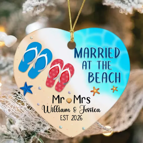 Vista 8 de Just Married - Regalo de recuerdo para recién casados, adorno de boda personalizado en la playa con nombres y fecha