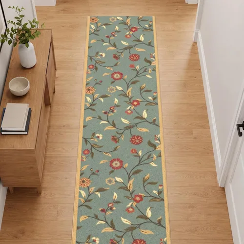 Vista 24 de Ottomanson, colección OttoHome, tapete para corredor con diseño azul claro y damasco (antiderrapante), parte trasera de goma Floral Beige