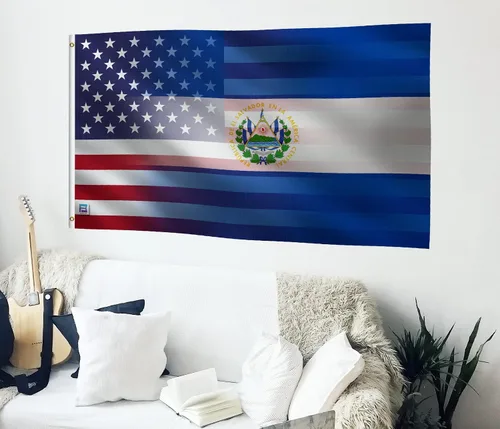 Vista 4 de Bandera híbrida salvadoreña estadounidense de 3 x 5 pies: pancarta 100% poliéster, ojales de latón y cabecera de lona fuerte, para uso en exteriores