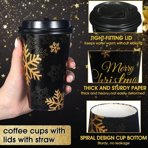 Vista 3 de Uiifan Paquete de 50 Tazas de Café Navideñas de 16 oz a Granel Negras Doradas con Copos de Nieve Tazas Desechables Tazas de Papel Feliz Navidad