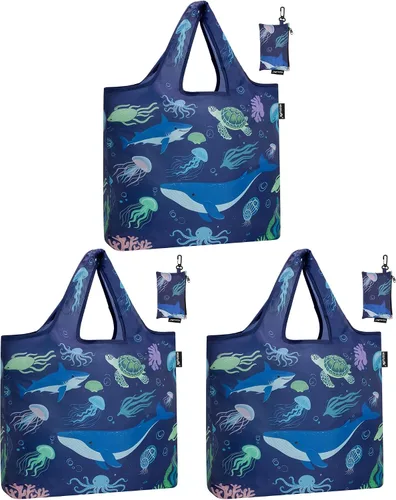 Vista 16 de HOLYLUCK Bolsas de comestibles reutilizables, bolsa de compras plegable resistente (estándar, 3 huellas de patas de perro azules)