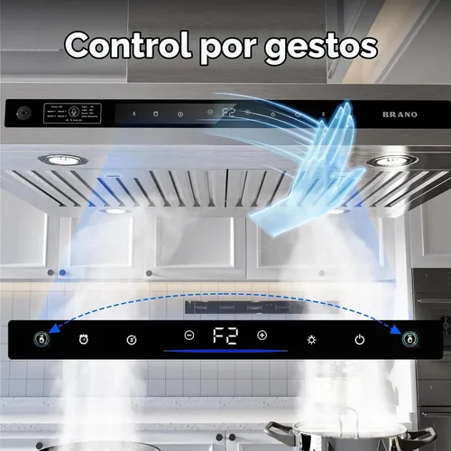 Vista 5 de BRANO - Campana extractora Island de 30 pulgadas con 900 CFM, 4 velocidades, control de voz/gestos/táctil, convertible con conductos/sin conductos