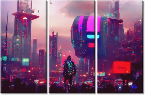 Vista 48 de Arte de pared de 3 piezas de escena de ciencia ficción de la calle comercial futurista paisaje urbano, decoración de pared para dormitorio