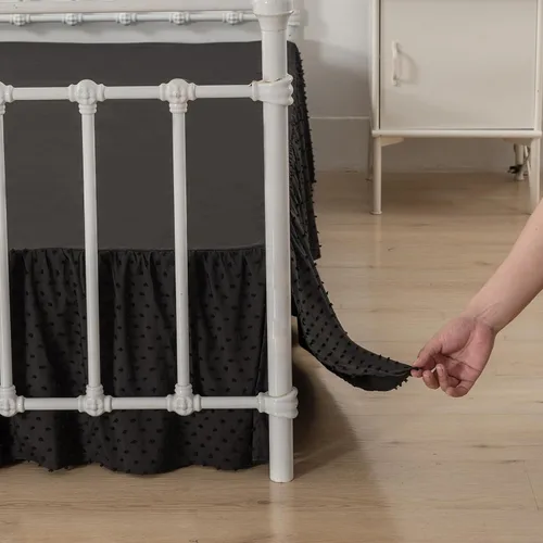 Vista 2 de Falda de cama de lunares copetudos, falda de cama con volantes tamaño King con esquinas divididas, faldas de cama con volantes de 14 pulgadas
