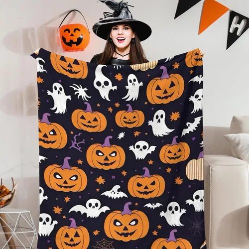 Vista 2 de D-Story Manta de vellón de Halloween, manta de calabaza de otoño para sofá, cama, habitación, regalos de Acción de Gracias para niños y adultos, 50
