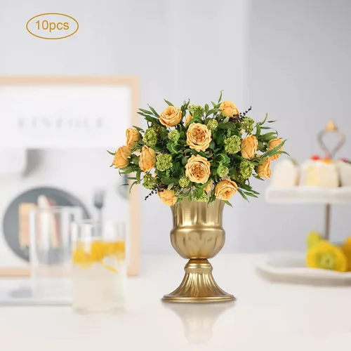 Vista 7 de 10 jarrones de trompeta de metal dorado, elegantes centros de mesa de boda, arreglos florales artificiales altos para decoración de bodas, ceremonia
