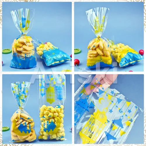 Vista 7 de Aviski 150 bolsas de regalo para fiesta de Eid Mubarak, con temática de Ramadán, bolsas de regalo de celofán de plástico transparente con lazos