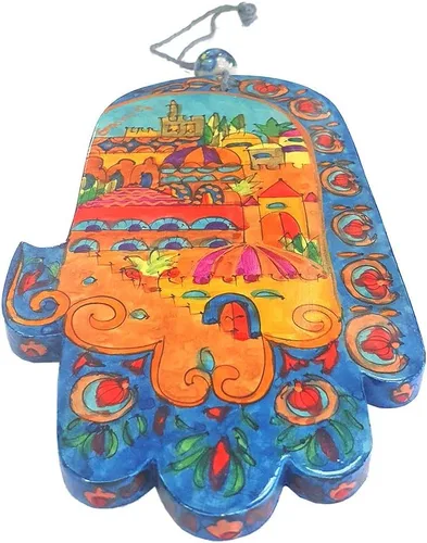 Vista 3 de Yair Emanuel Hamsa Hand - Una joyería judía para Mazal & Bendición de madera grande pintada HAMSAJERUSALEM Oriental (Bundle)