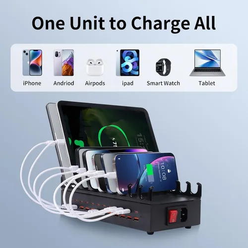 Vista 5 de Estación de Carga de 300W para Múltiples Dispositivos - Estación de Carga Rápida USB de 24 Puertos con Entrega de Energía Inteligente - Estación