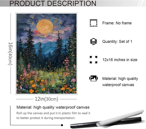 Vista 6 de Yuaruo Póster vintage de luna llena sobre las flores silvestres, lienzo místico de bosque de medianoche para pared, pintura al óleo retro de flores