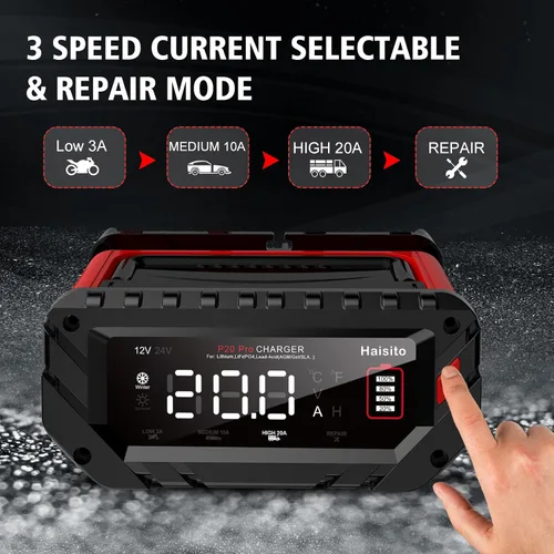Vista 2 de Cargador de Batería de Litio de 20 Amperios, 12V y 24V Lifepo4, Portátil para Coche, Mantenedor de Batería, Cargador de Goteo y Desulfatador