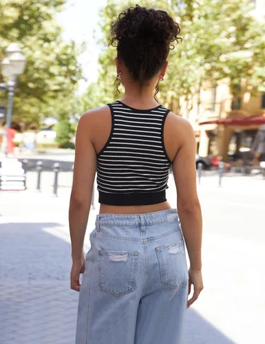 Vista 2 de MEROKEETY Camiseta sin mangas de punto acanalado de verano para mujer Y2K a rayas sin mangas