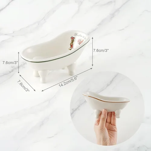 Vista 3 de Jabonera de baño de cerámica retro para ducha, 2 piezas, mini bañera de porcelana de 5.6 pulgadas, soporte de jabón autodrenante para decoración