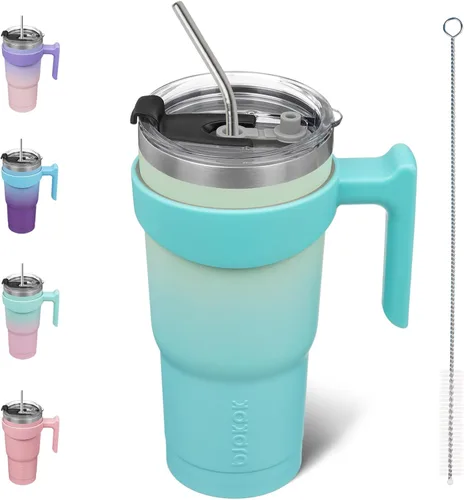Vista 33 de BJPKPK Mini vaso de 10 onzas con tapa, popote y asa, taza de acero aislada