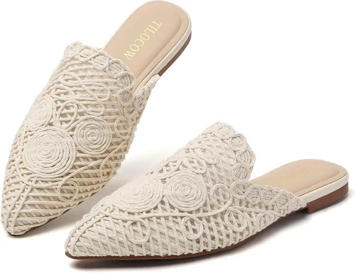 Vista 26 de Tilocow Mules para mujer, cómodos mocasines puntiagudos, sin espalda, planos, zapatos casuales de negocios, deslizantes, sin cordones beige