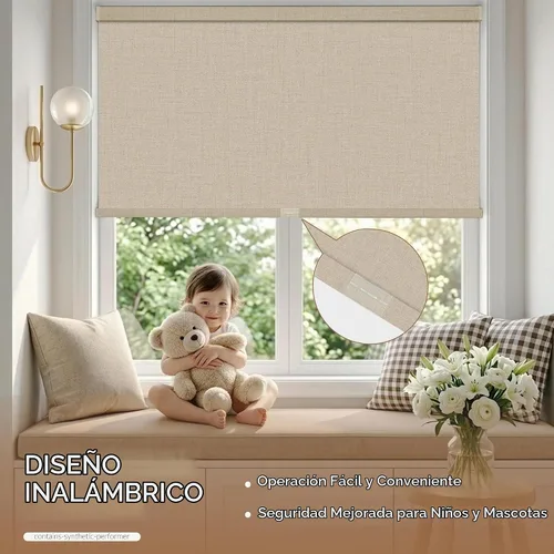 Vista 2 de Boolegon Persianas enrollables opacas para ventanas, de tela de lino, sin cordones, con cenefa de casete, aislamiento térmico, oscurecimiento