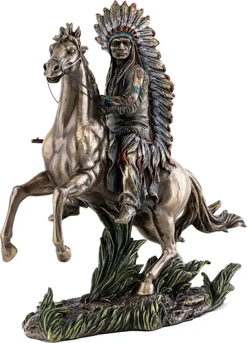 Vista 2 de Top Collection Chief Sitting Bull on Horseback Estatua – Escultura de nativos americanos con hermoso tocado en bronce fundido en frío de primera