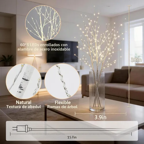 Vista 5 de Bexdir Ramas de árbol blancas de abedul iluminadas de 33 pulgadas, 180 luces LED con temporizador enchufable, árbol artificial blanco ramita