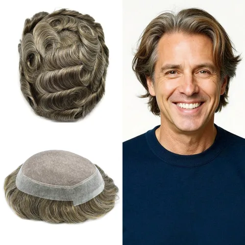 Vista 71 de Toupee para hombres Piezas de pelo fino mono para hombre Toupee sistema de reemplazo de pelo para hombres línea capilar natural para hombre postizo