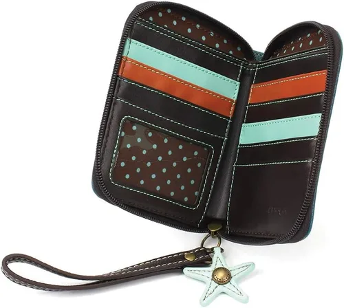 Vista 3 de CHALA Cartera con cremallera alrededor, pulsera, 8 ranuras para tarjetas de crédito, piel sintética resistente, Dólar de arena - Turquesa, Cartera