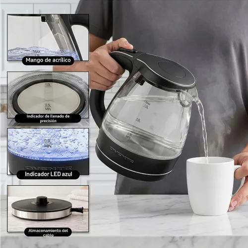 Vista 6 de OVENTE Hervidor eléctrico de 1.5L, calentador de agua de vidrio de borosilicato para encimera y hervidor para café o té, libre de BPA, apagado Negro