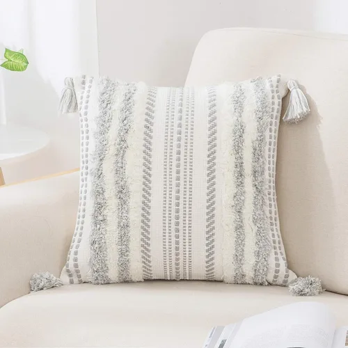 Vista 12 de decorUhome Funda de almohada decorativa bohemia de 18 x 18 pulgadas, funda de almohada de acento con textura neutra acolchada a rayas para sofá