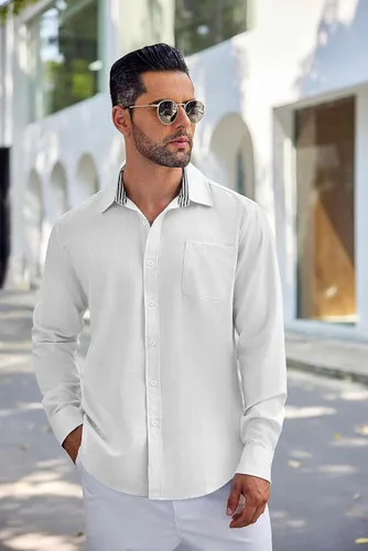 Vista 5 de COOFANDY Camisa de lino con botones para hombre, de manga larga, informal, para playa, con bolsillo