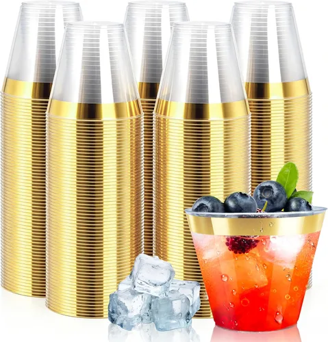 Vista 18 de Byvivace Vasos de plástico transparente de 12 onzas con borde dorado, resistentes y aptos para alimentos, desechables, copas de vino, copas de boda