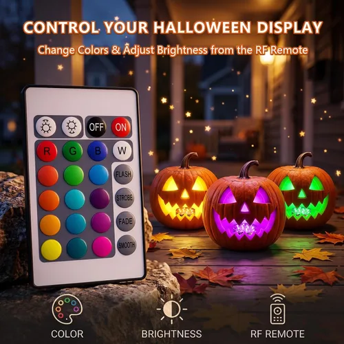 Vista 11 de Luces LED de calabaza con control remoto, 16 colores, 4 modos, funciona con pilas, luces sumergibles que cambian de color, para Halloween, calabaza